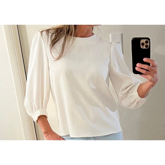 Tibi White Blouse Shirt 3/4 Puff Sleeve Partial Open Back Straps - Picture 1 of 11